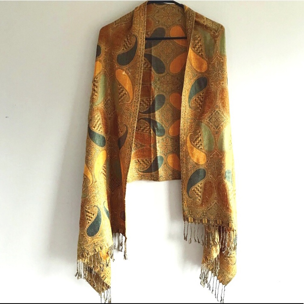 Bohemian Golden Paisley Tasseled Pashmina Scarf